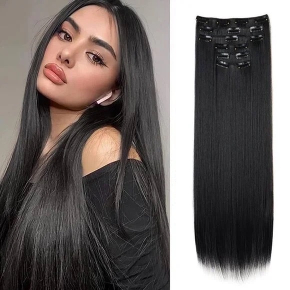 22 Inch Clip in Long Black Thick straight Hair Extensions - Picture 1 of 7